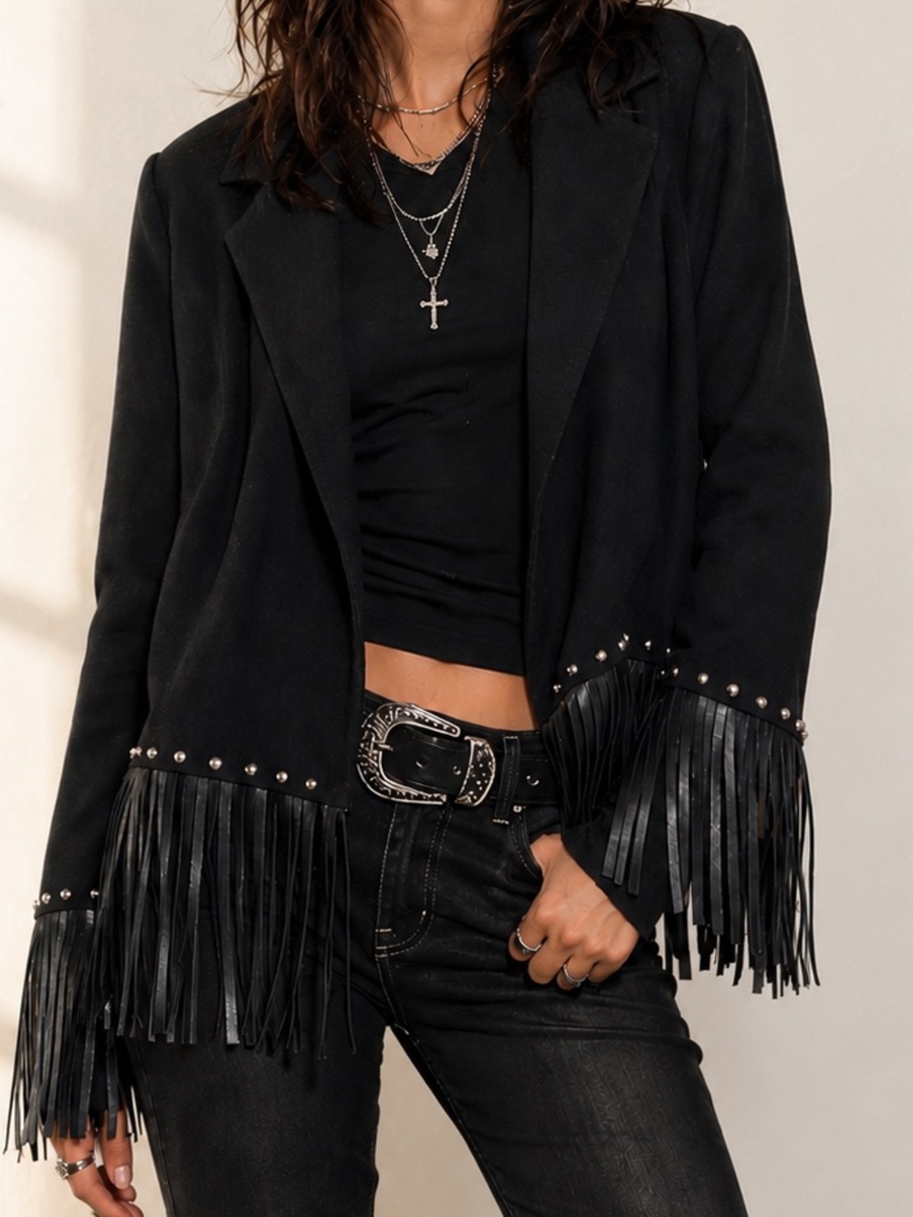 Sioni Black Fringe Cardigan Jacket Western Rock Boho Studded Faux Leather Trim M